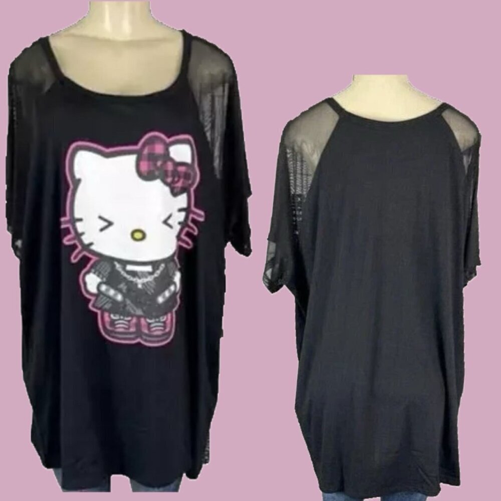 Hello Kitty +3 Black Crew Full-Body Kitty Graphic Mesh Sheer Short Sleeve Top